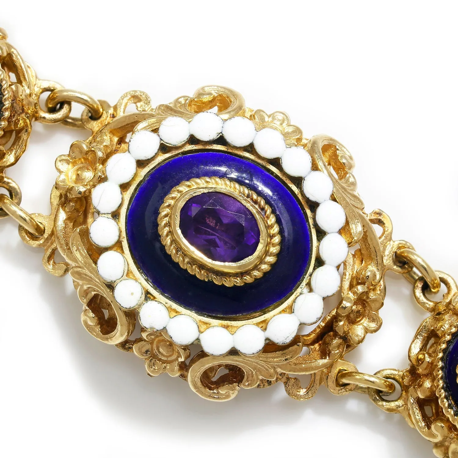 Antique Filigree Amethyst Link Bracelet with Enamel in Gold