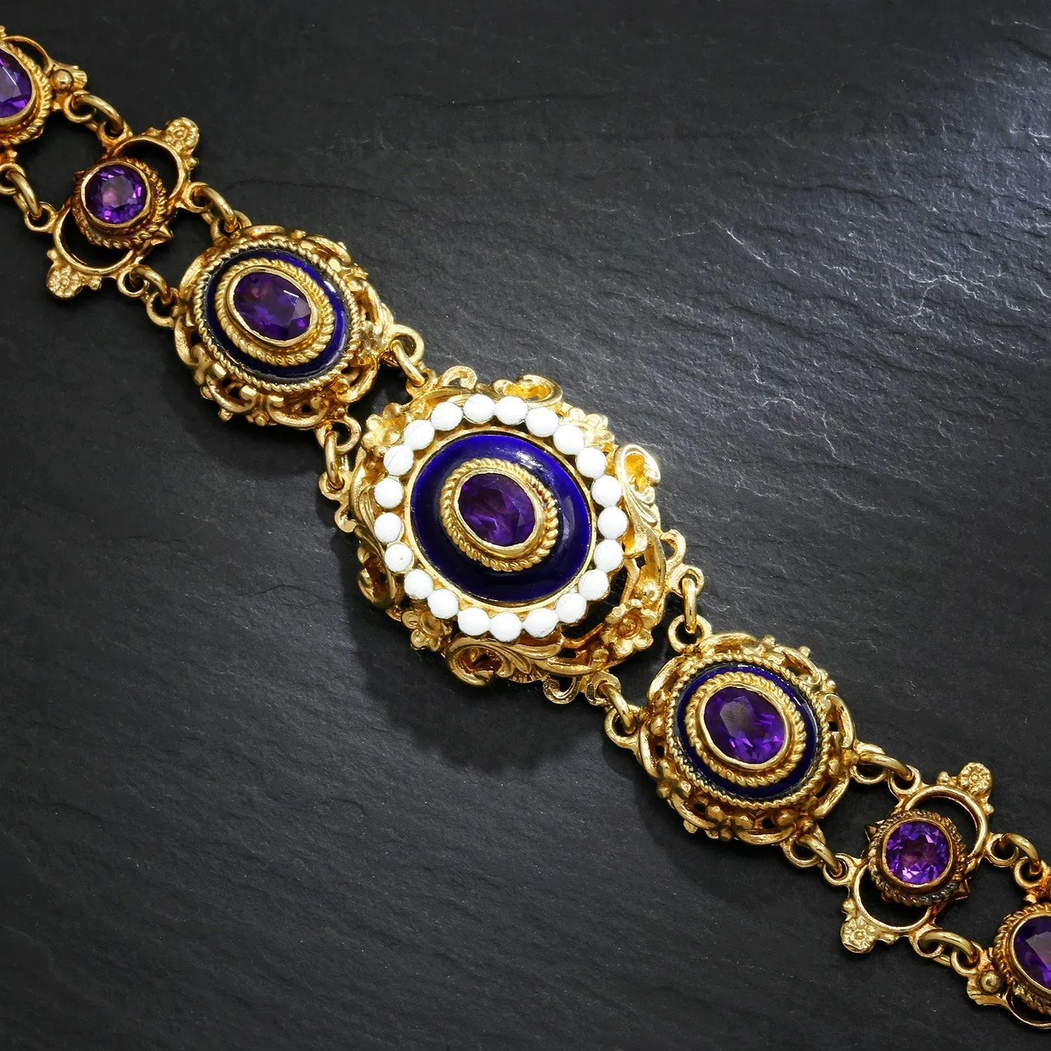 Antique Filigree Amethyst Link Bracelet with Enamel in Gold