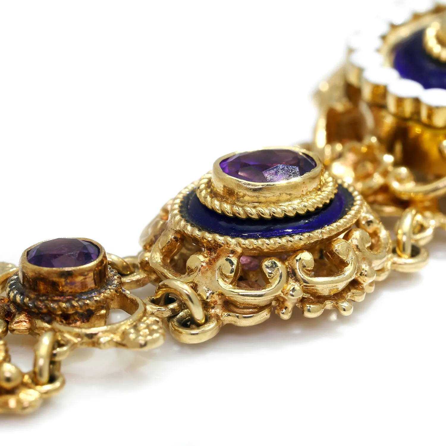 Antique Filigree Amethyst Link Bracelet with Enamel in Gold