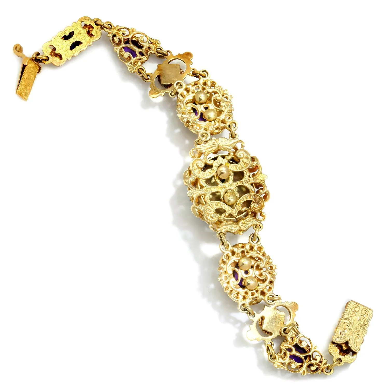 Antique Filigree Amethyst Link Bracelet with Enamel in Gold