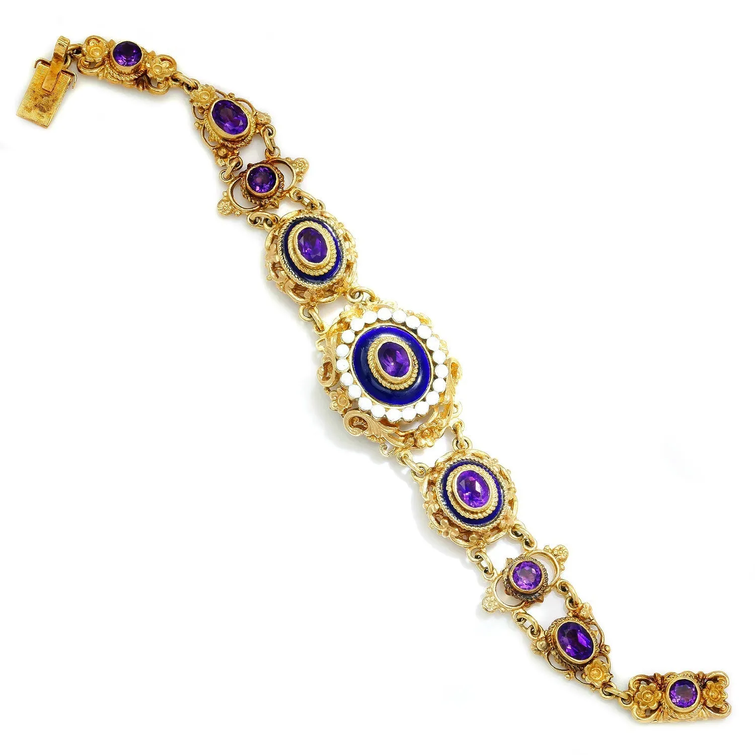 Antique Filigree Amethyst Link Bracelet with Enamel in Gold