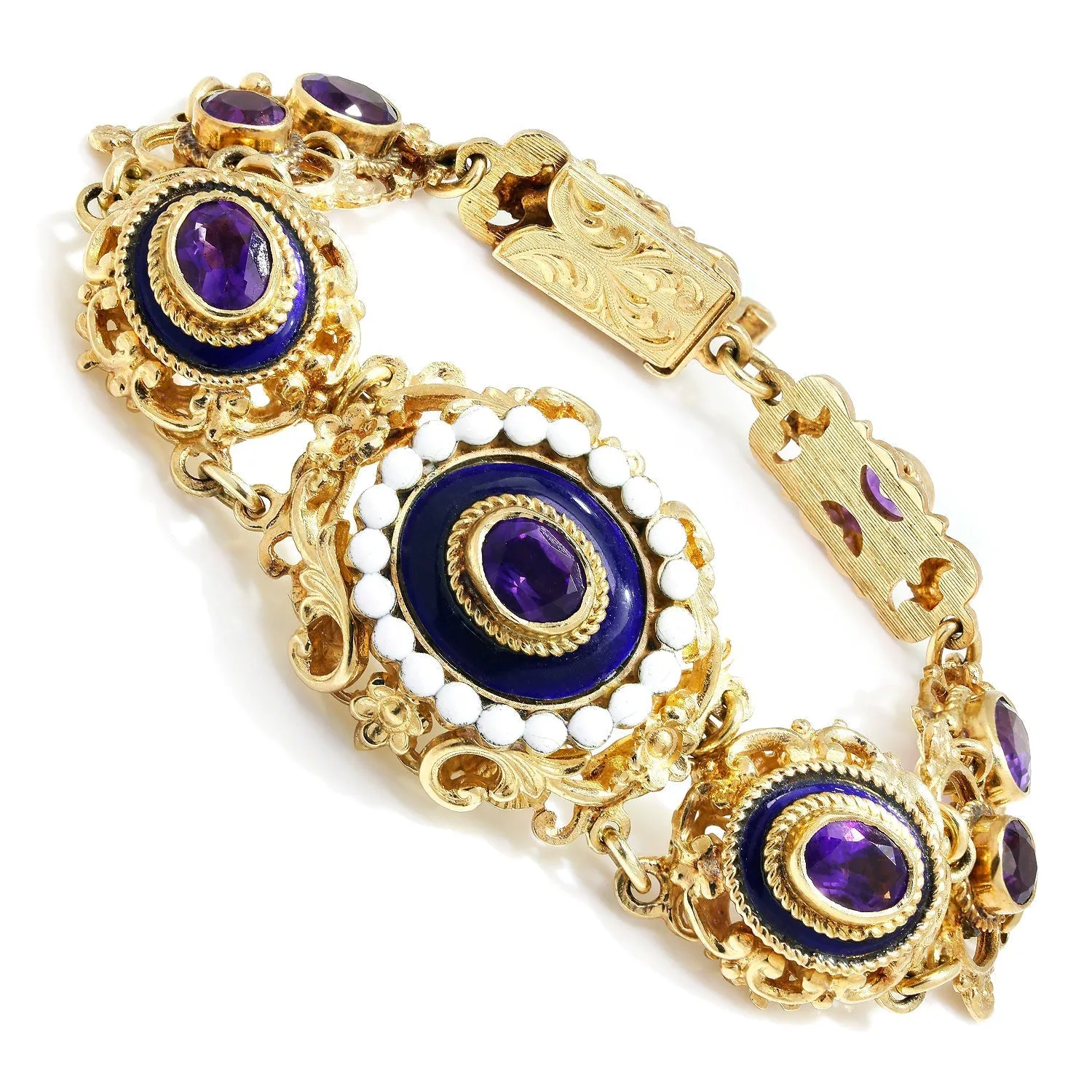 Antique Filigree Amethyst Link Bracelet with Enamel in Gold