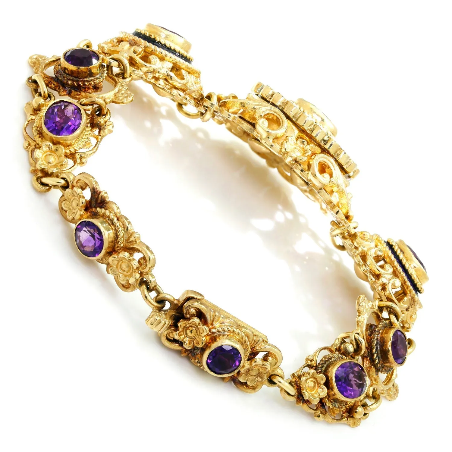 Antique Filigree Amethyst Link Bracelet with Enamel in Gold