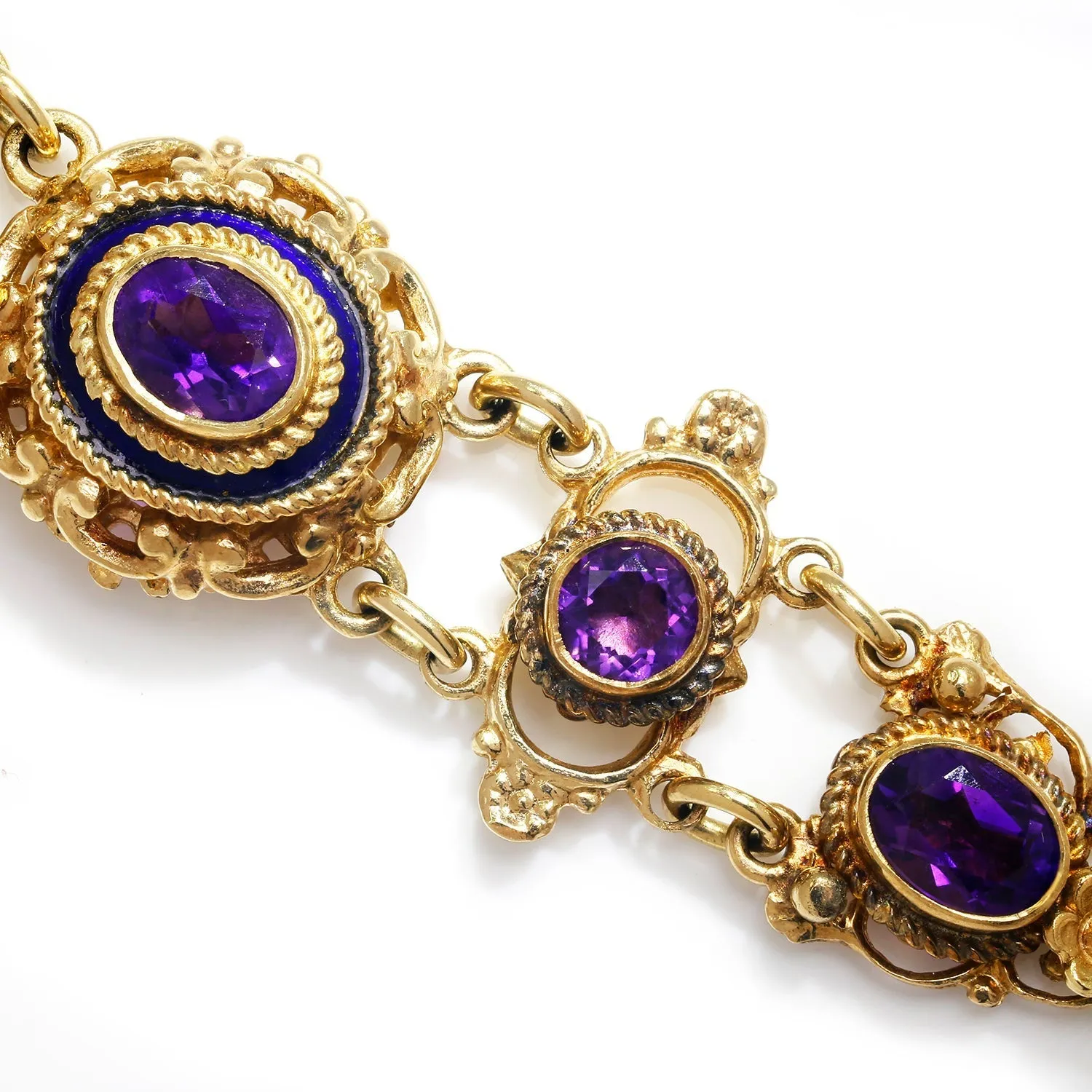 Antique Filigree Amethyst Link Bracelet with Enamel in Gold