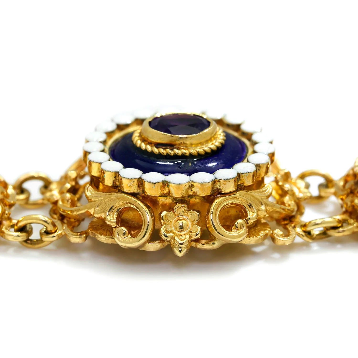 Antique Filigree Amethyst Link Bracelet with Enamel in Gold