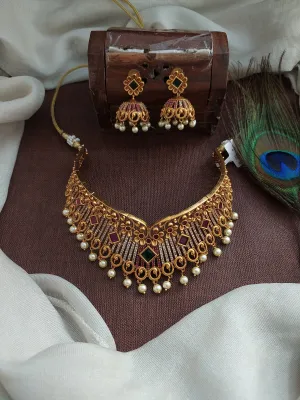 Antique Floral Zircon Choker Set with Matching Jhumki & Pearl Drops