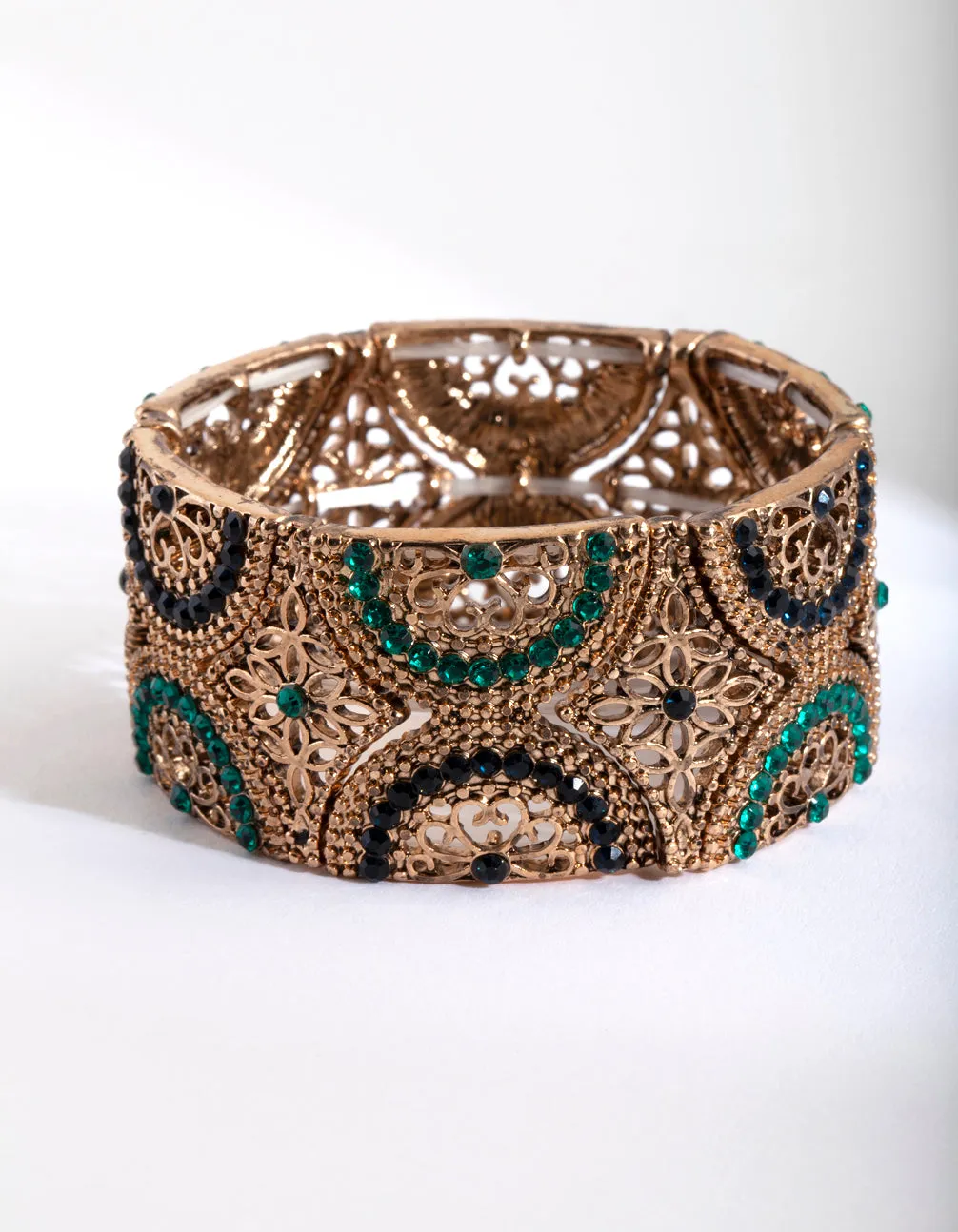 Antique Gold Green Filigree Diamante Stretch Bracelet