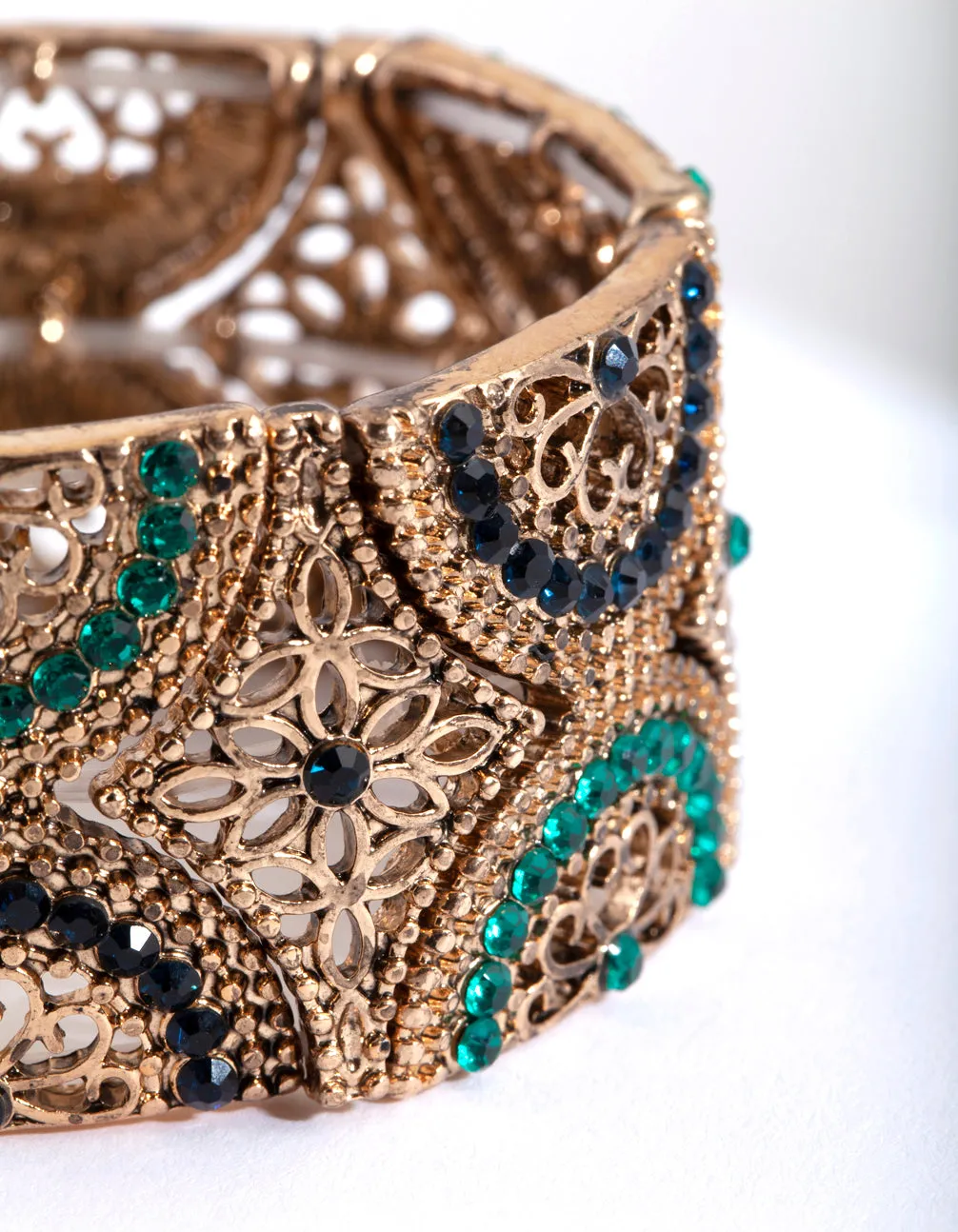 Antique Gold Green Filigree Diamante Stretch Bracelet