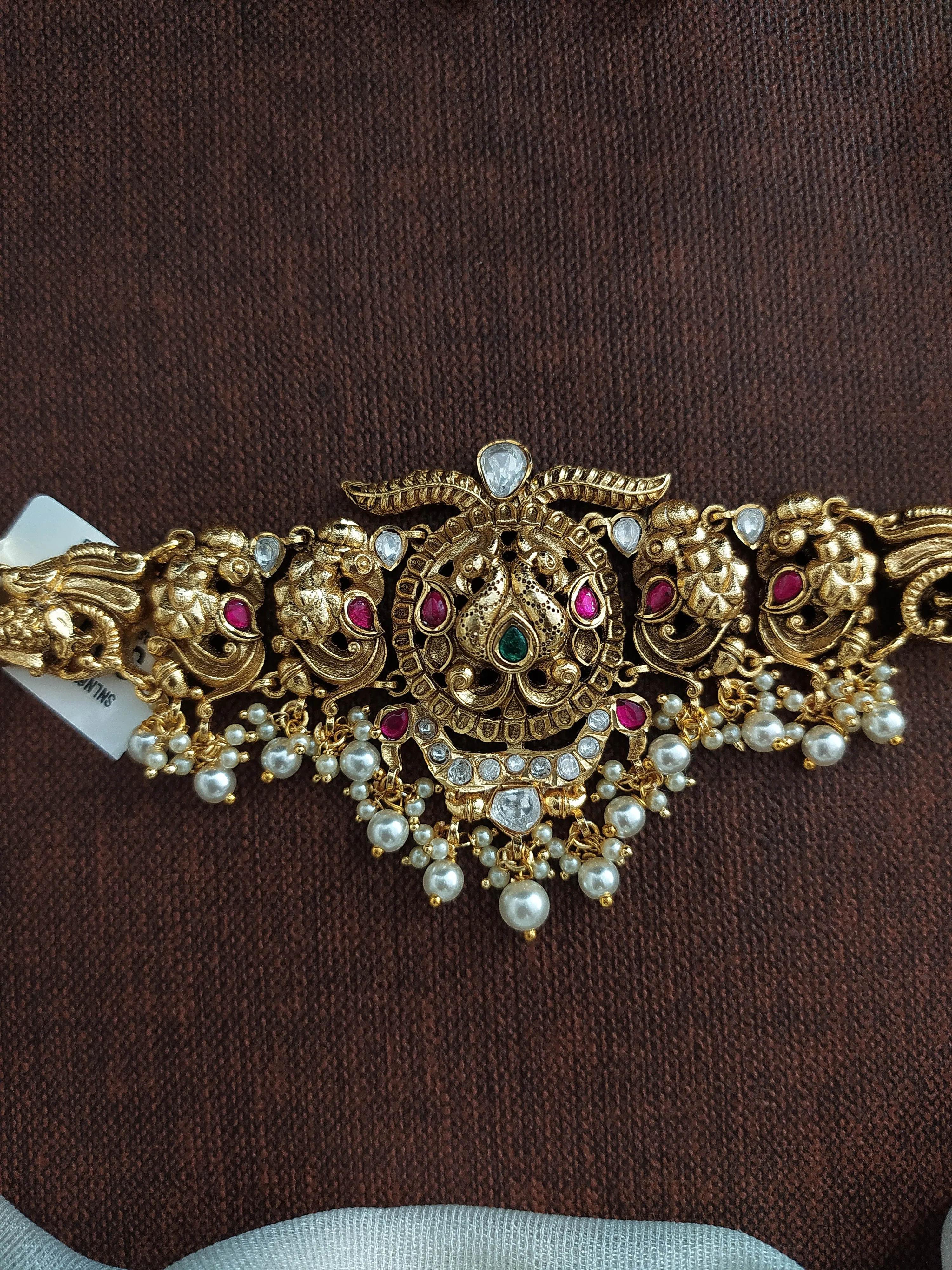 Antique Nakshi Work Peacock Choker Set with Pearl Drops