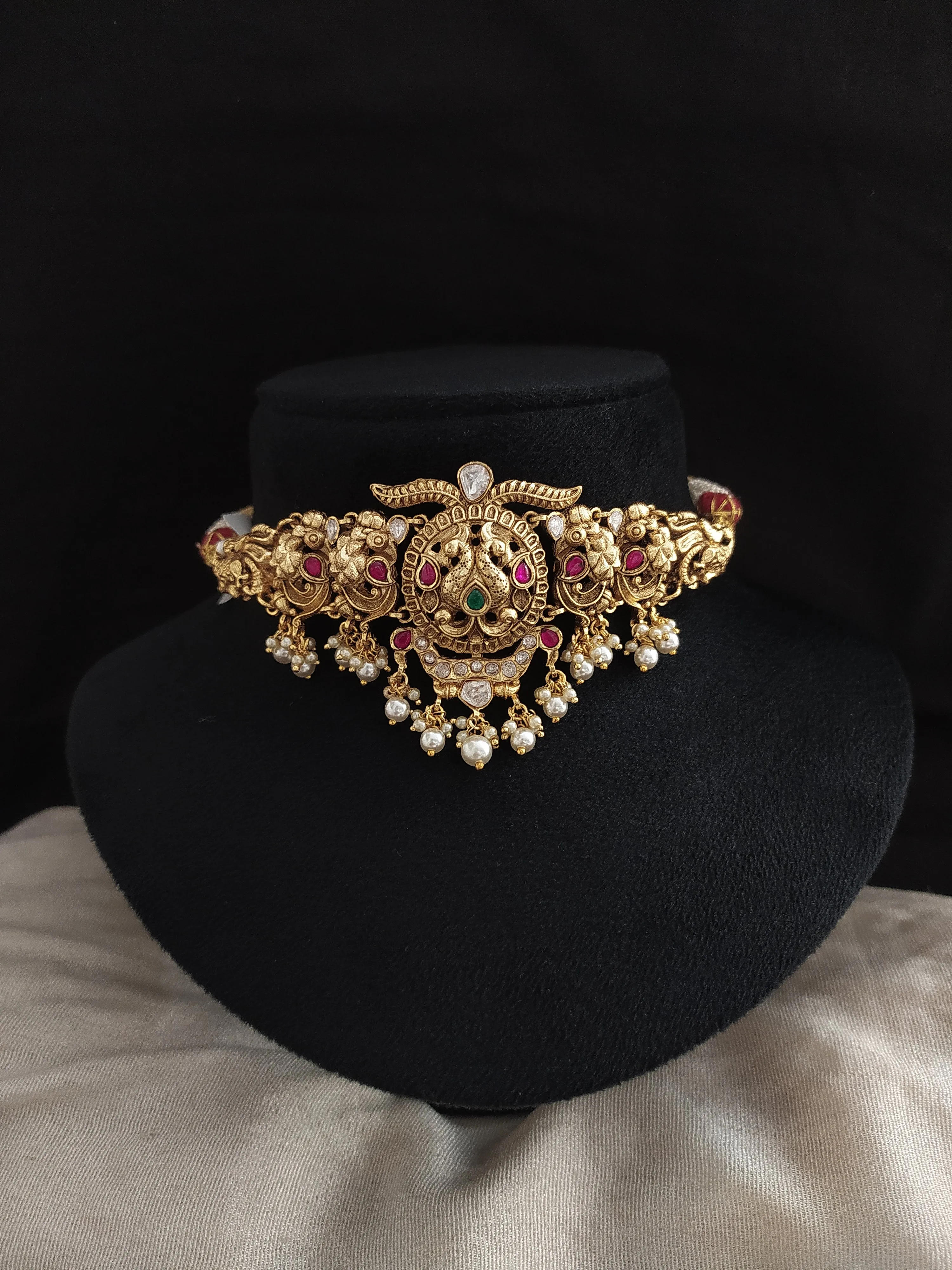 Antique Nakshi Work Peacock Choker Set with Pearl Drops