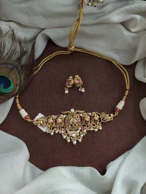 Antique Nakshi Work Peacock Choker Set with Pearl Drops