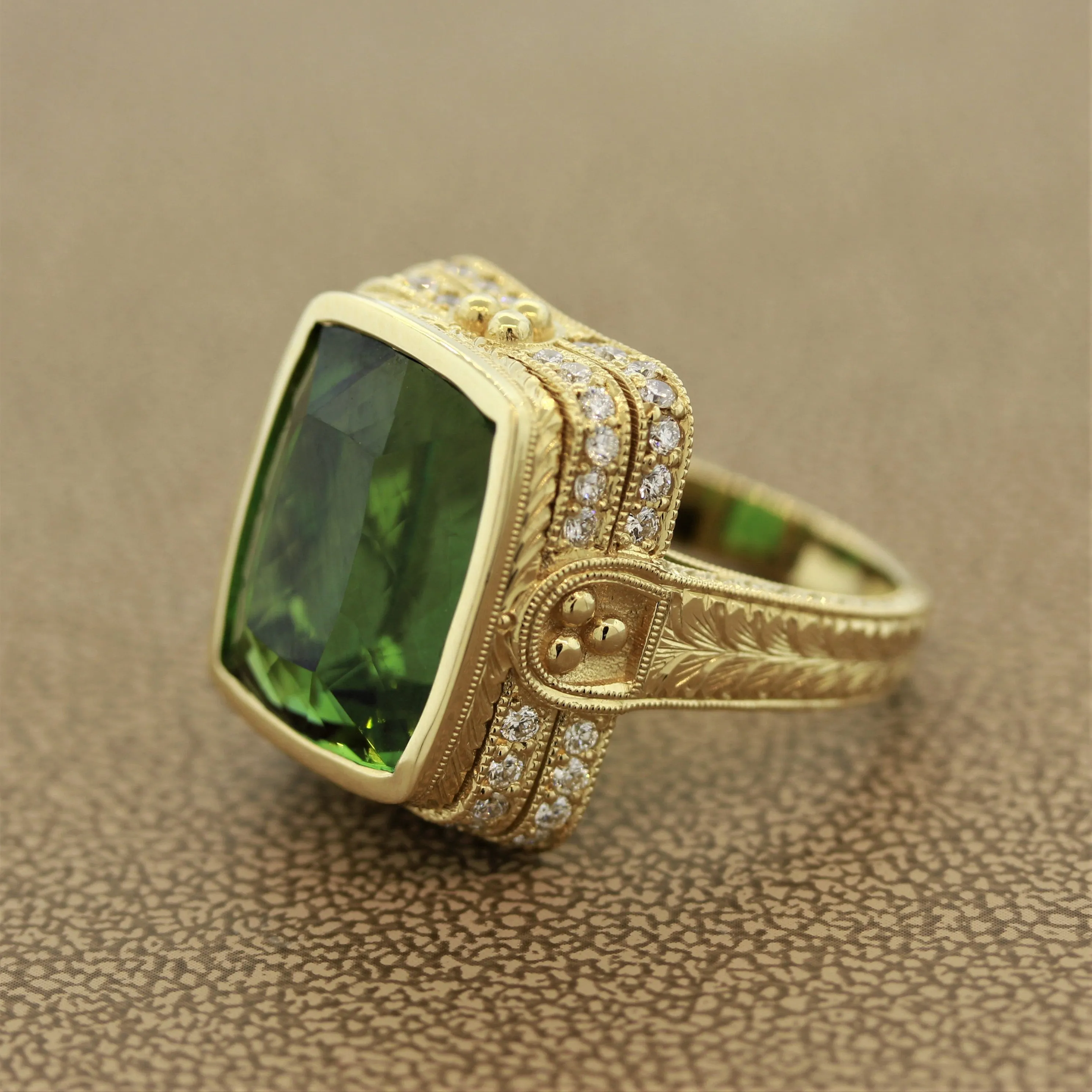 Antique Style Green Tourmaline Diamond Gold Cocktail Ring