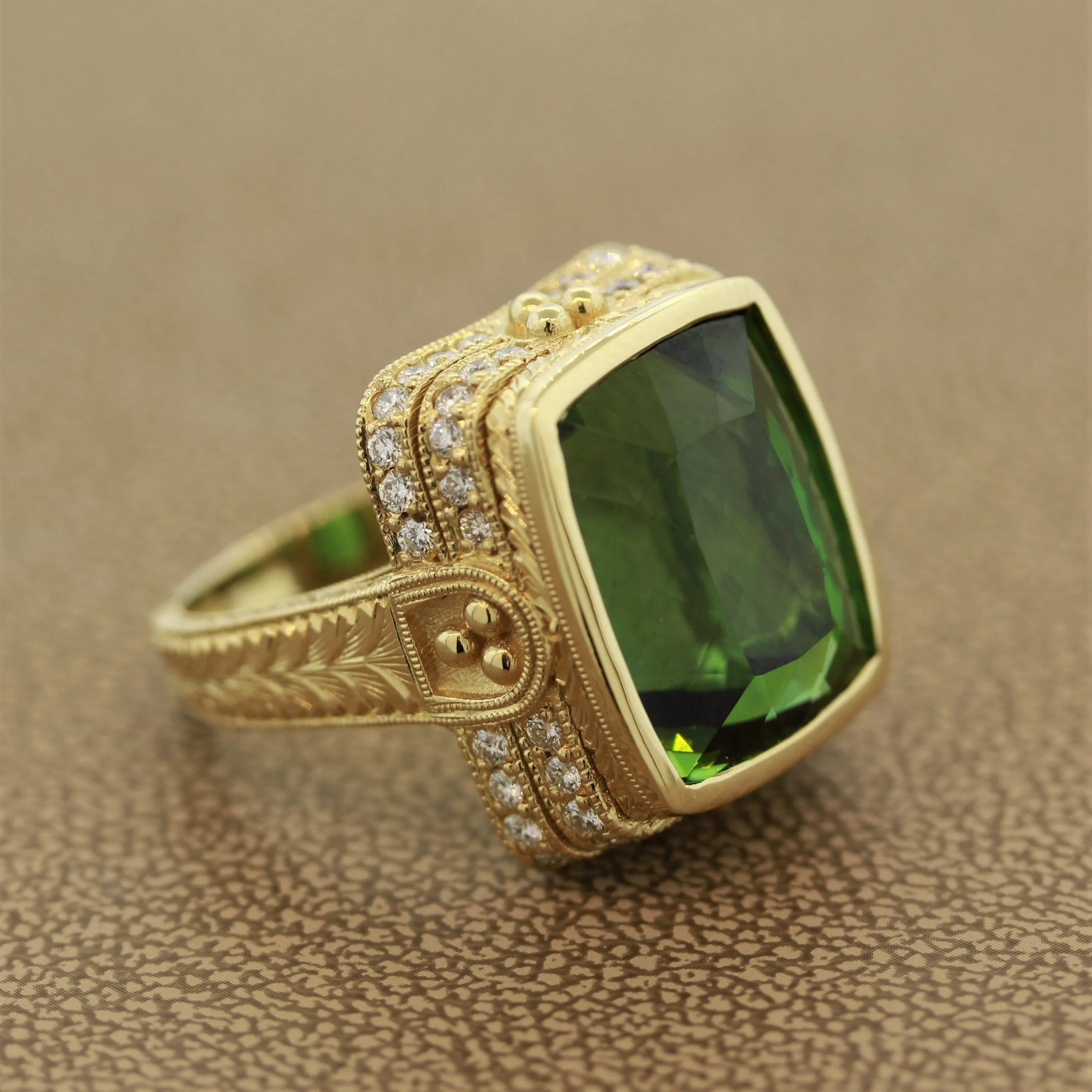 Antique Style Green Tourmaline Diamond Gold Cocktail Ring