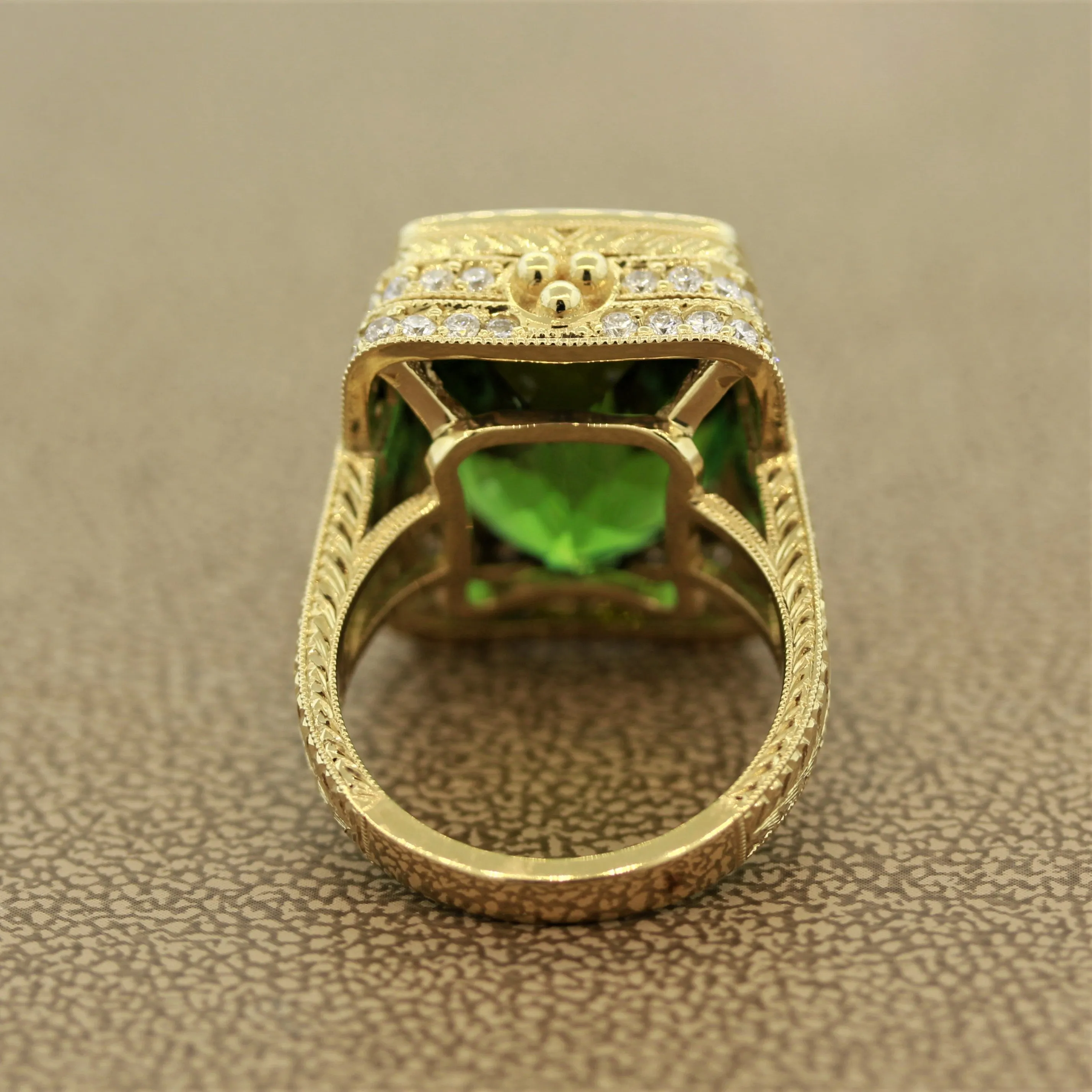 Antique Style Green Tourmaline Diamond Gold Cocktail Ring