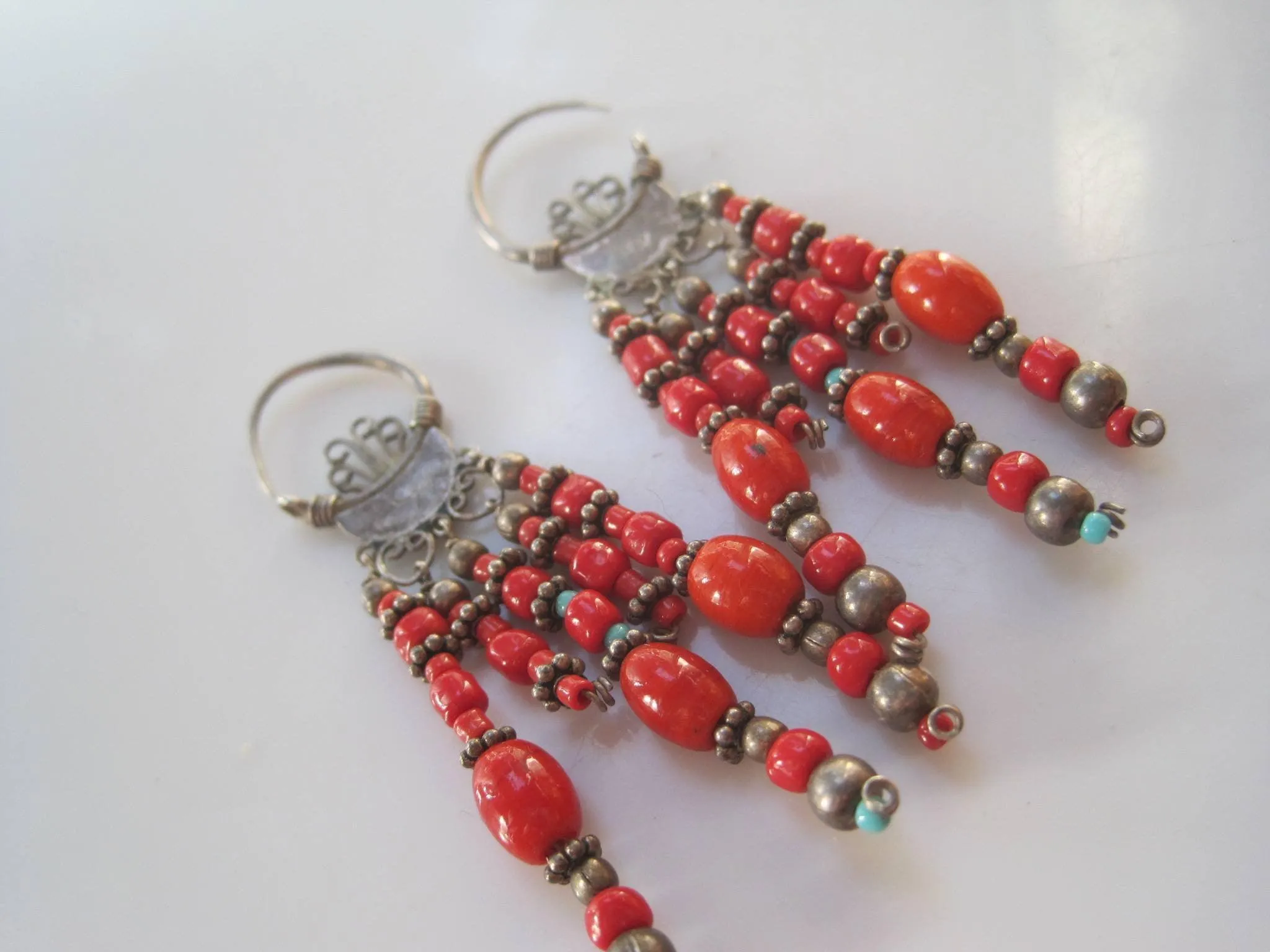 Antique Uzbek Earrings Silver and Red Beads