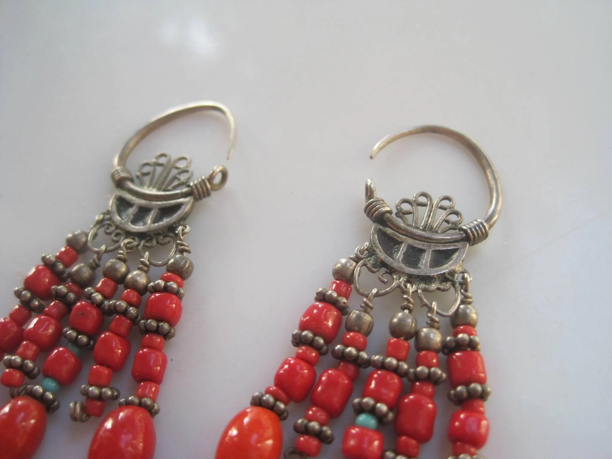 Antique Uzbek Earrings Silver and Red Beads