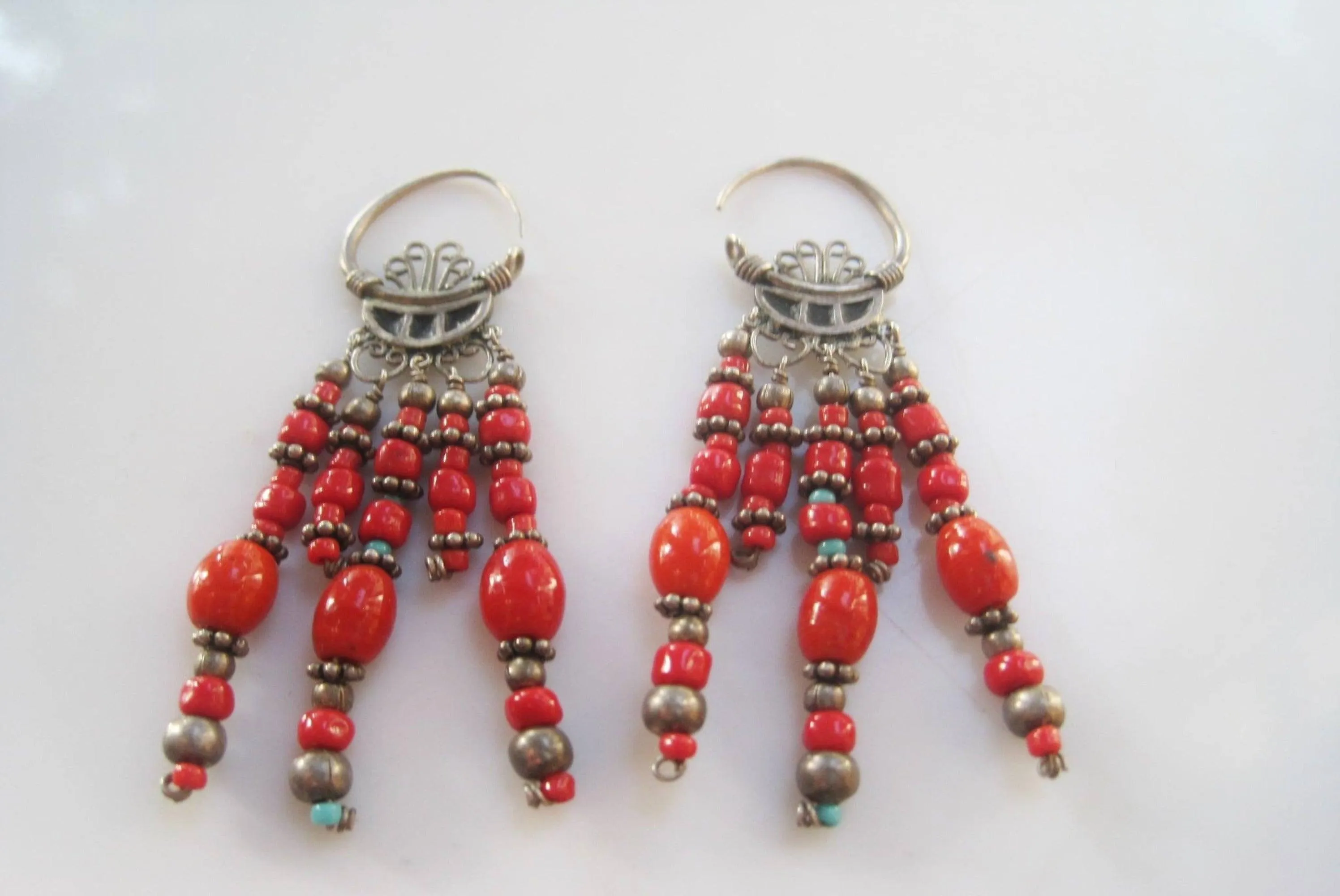 Antique Uzbek Earrings Silver and Red Beads