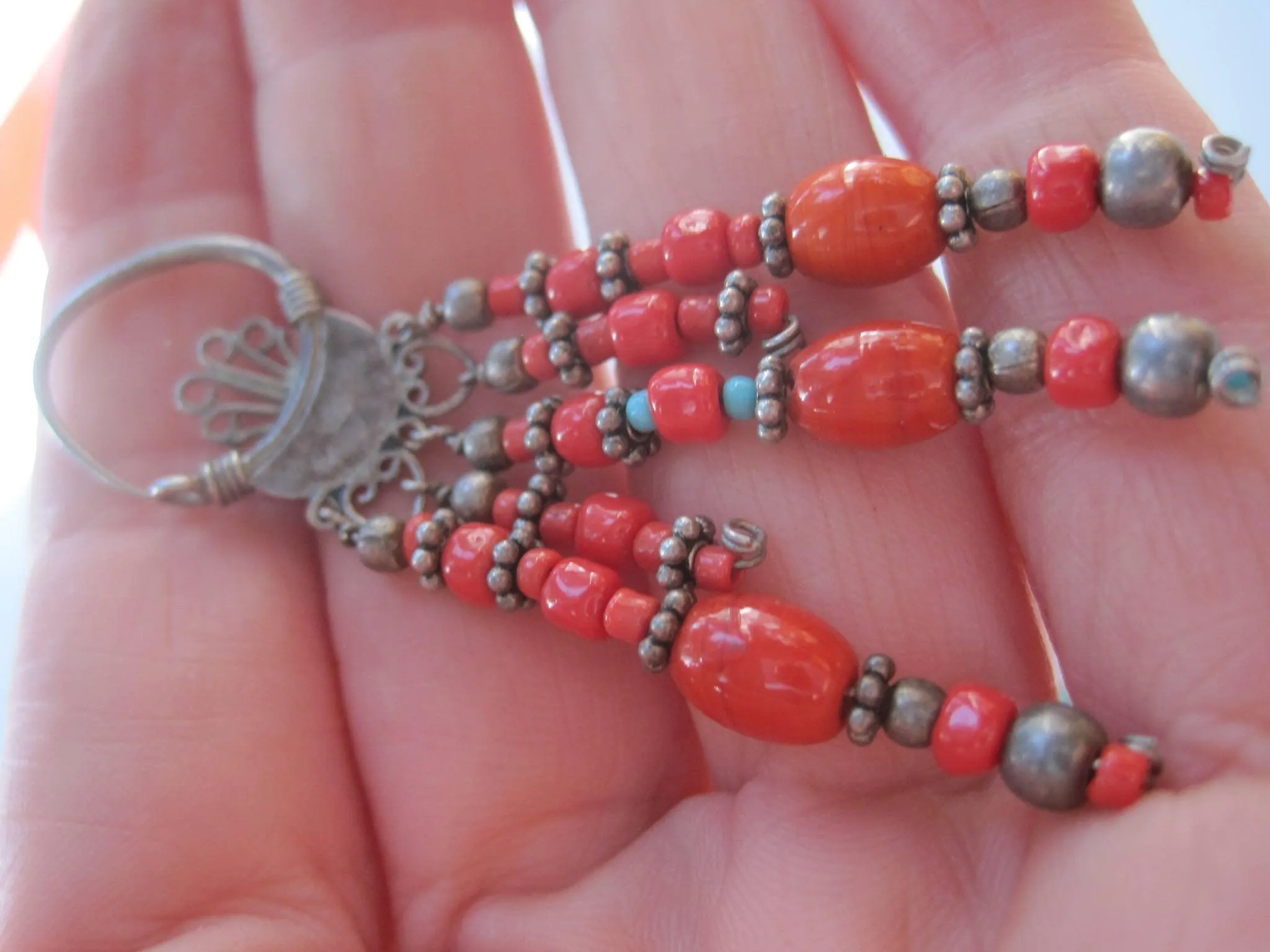 Antique Uzbek Earrings Silver and Red Beads