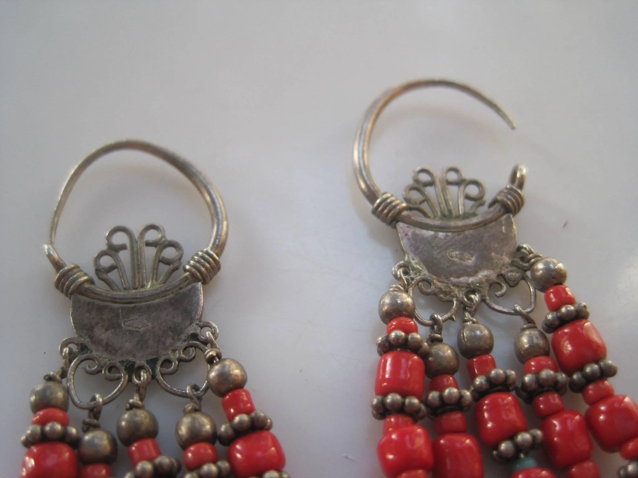 Antique Uzbek Earrings Silver and Red Beads