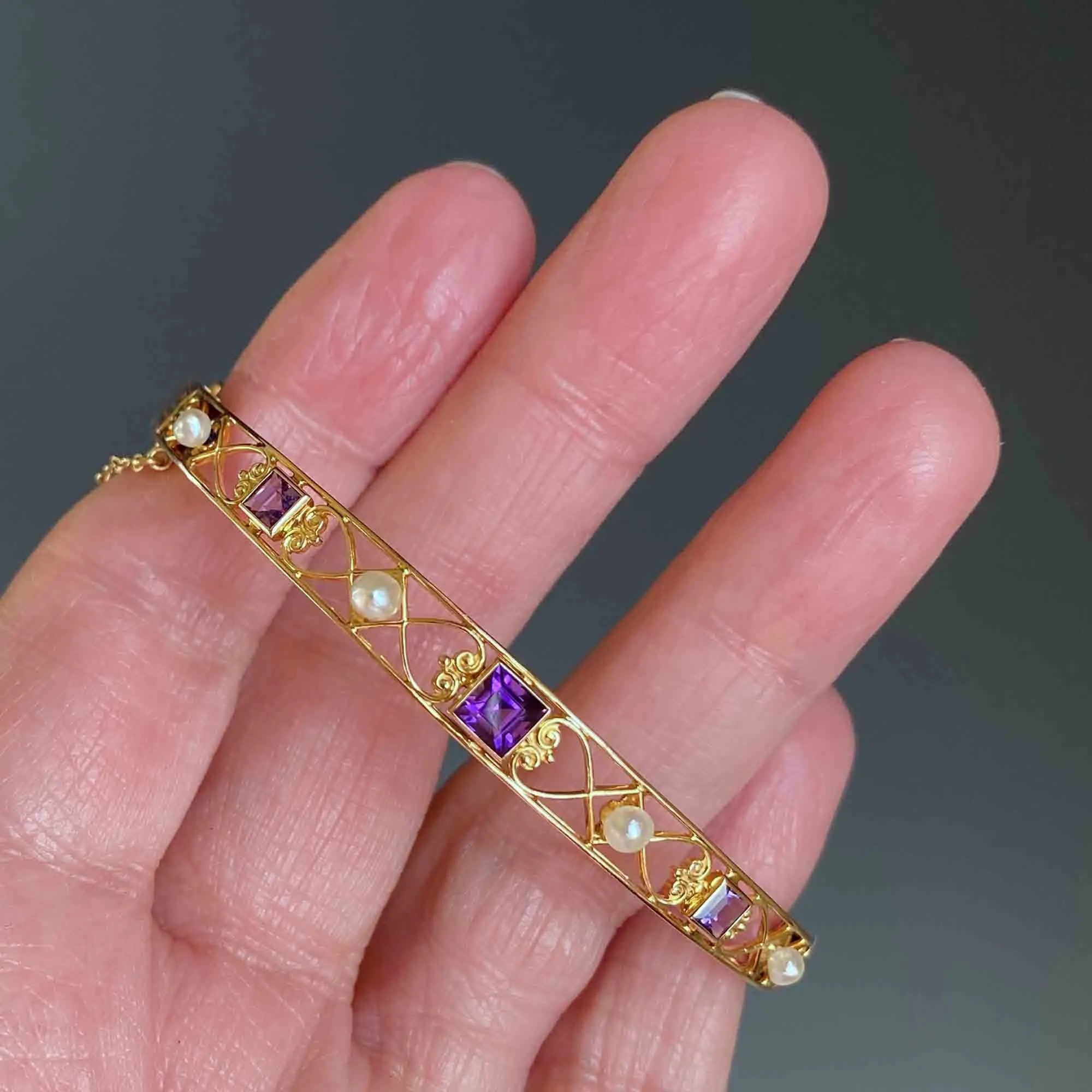 Antique Victorian 14K Gold Pearl Amethyst Bracelet