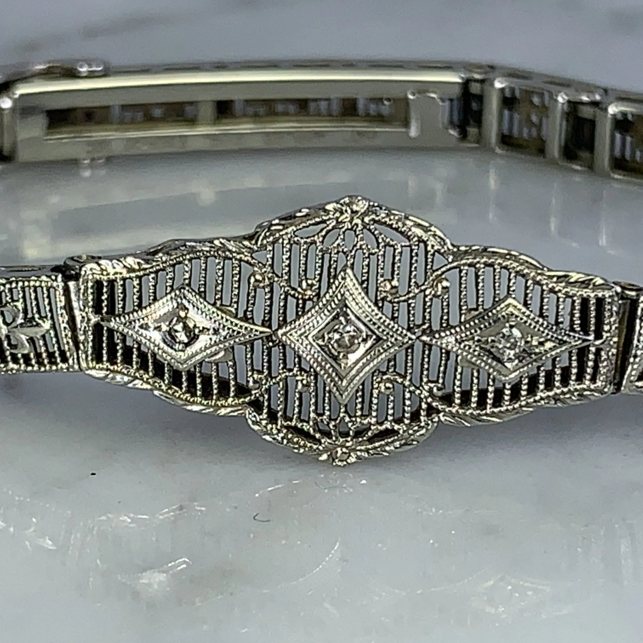 Art Deco Diamond Bracelet. 10K White Gold Filigree Link Bracelet. April Birthstone.