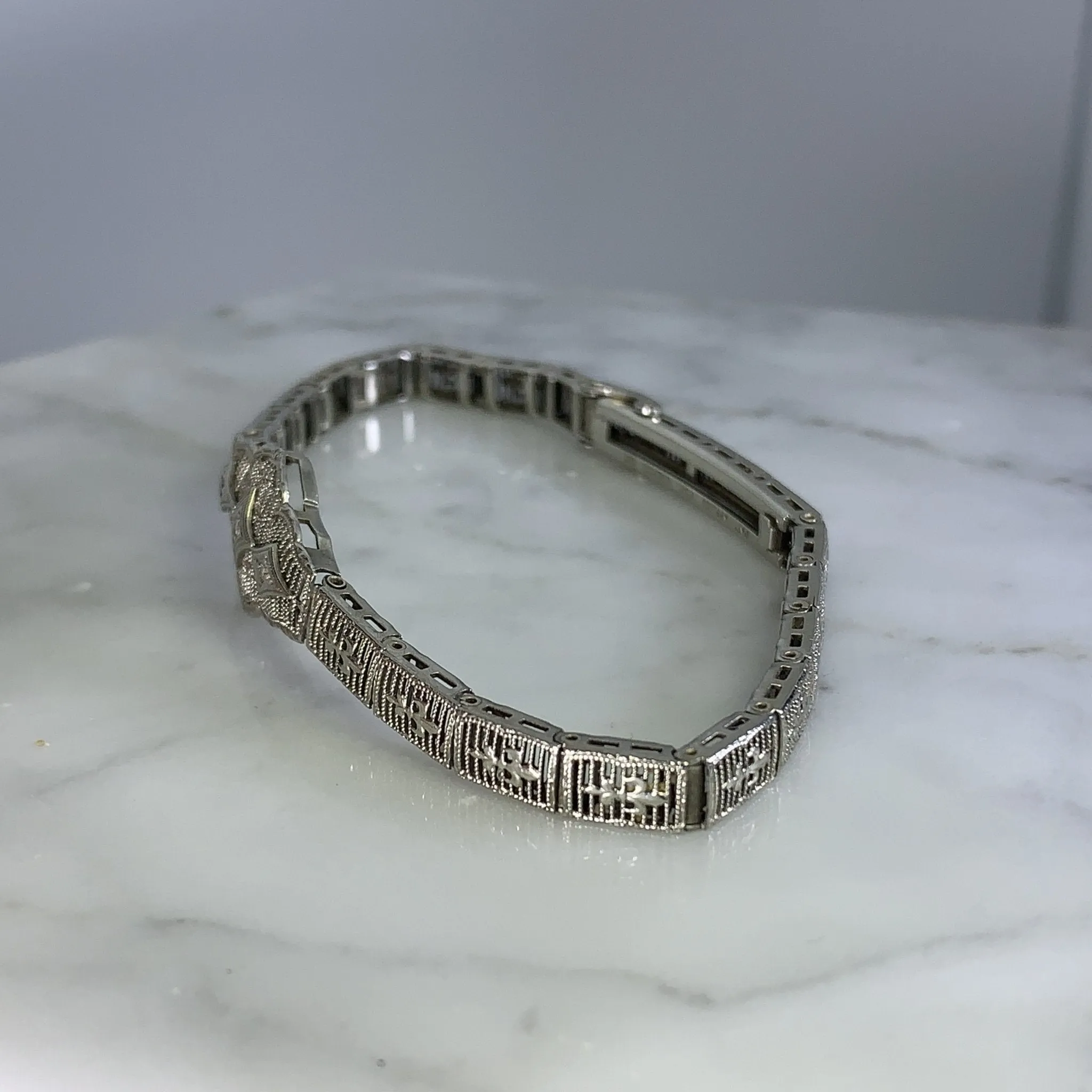 Art Deco Diamond Bracelet. 10K White Gold Filigree Link Bracelet. April Birthstone.