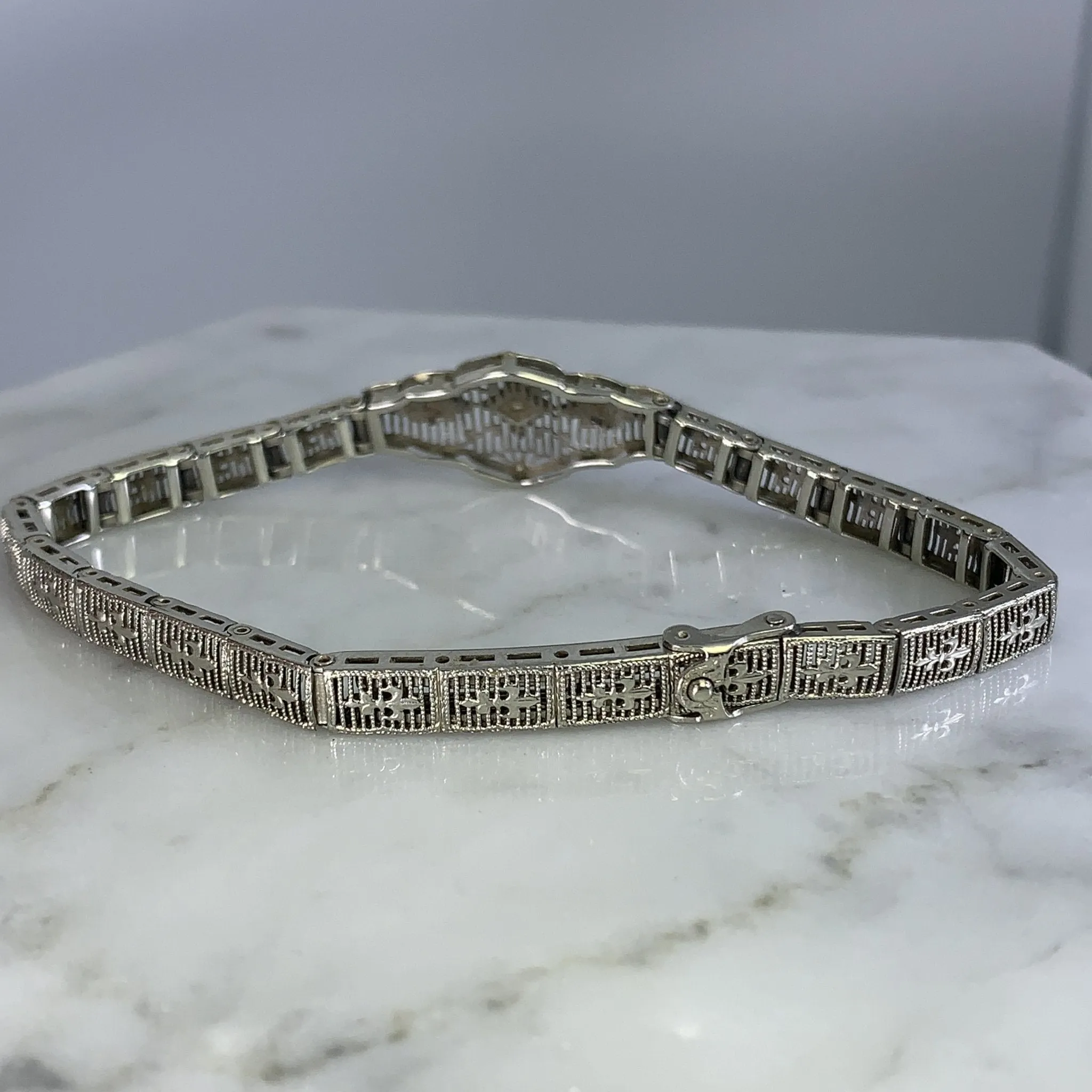 Art Deco Diamond Bracelet. 10K White Gold Filigree Link Bracelet. April Birthstone.