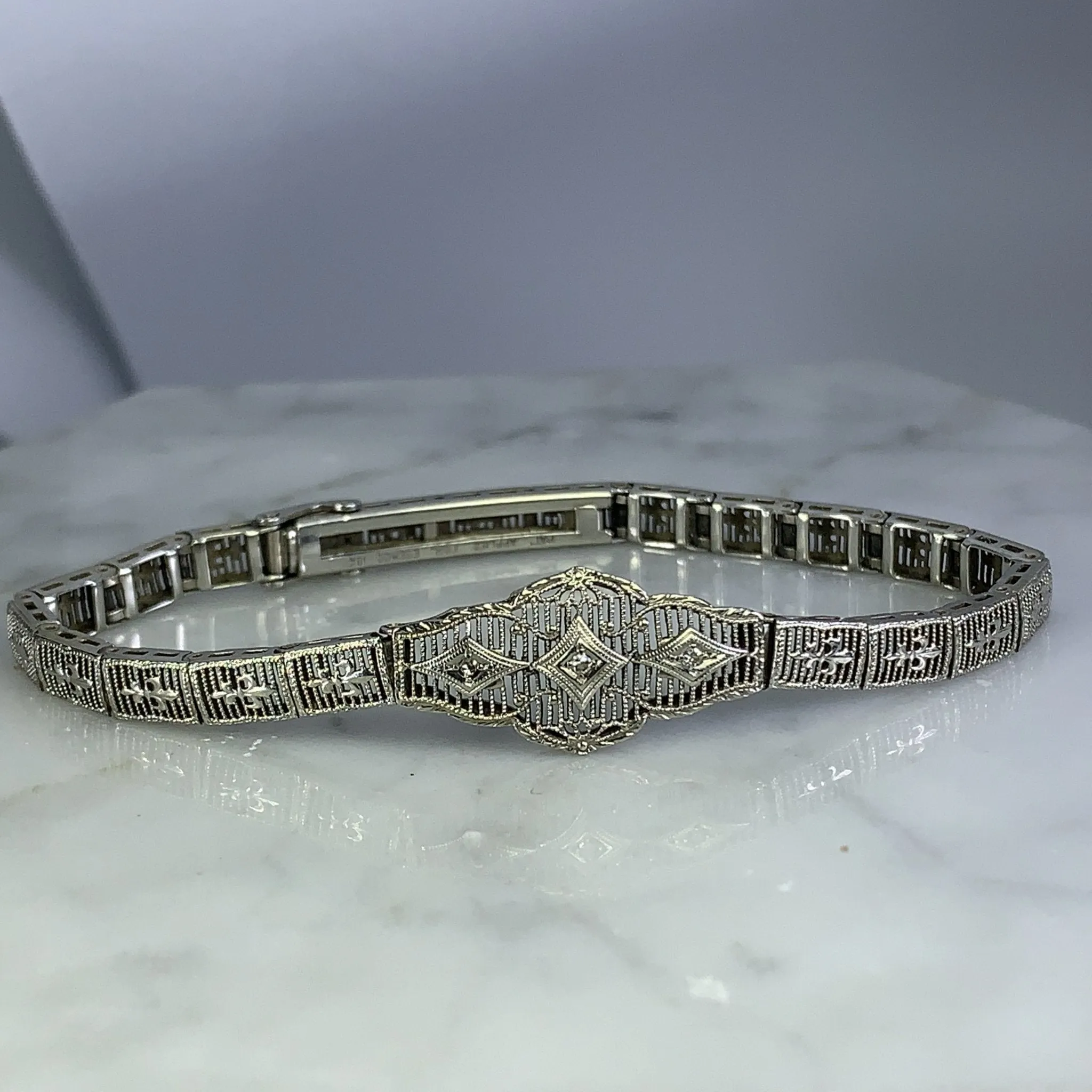 Art Deco Diamond Bracelet. 10K White Gold Filigree Link Bracelet. April Birthstone.