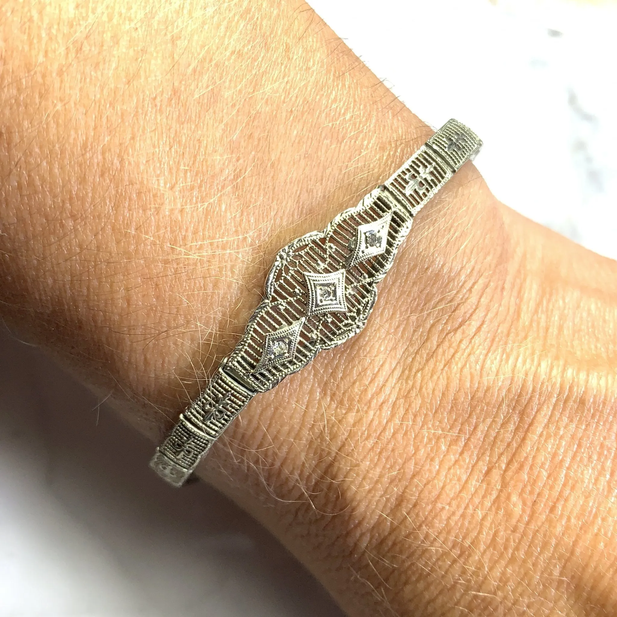 Art Deco Diamond Bracelet. 10K White Gold Filigree Link Bracelet. April Birthstone.