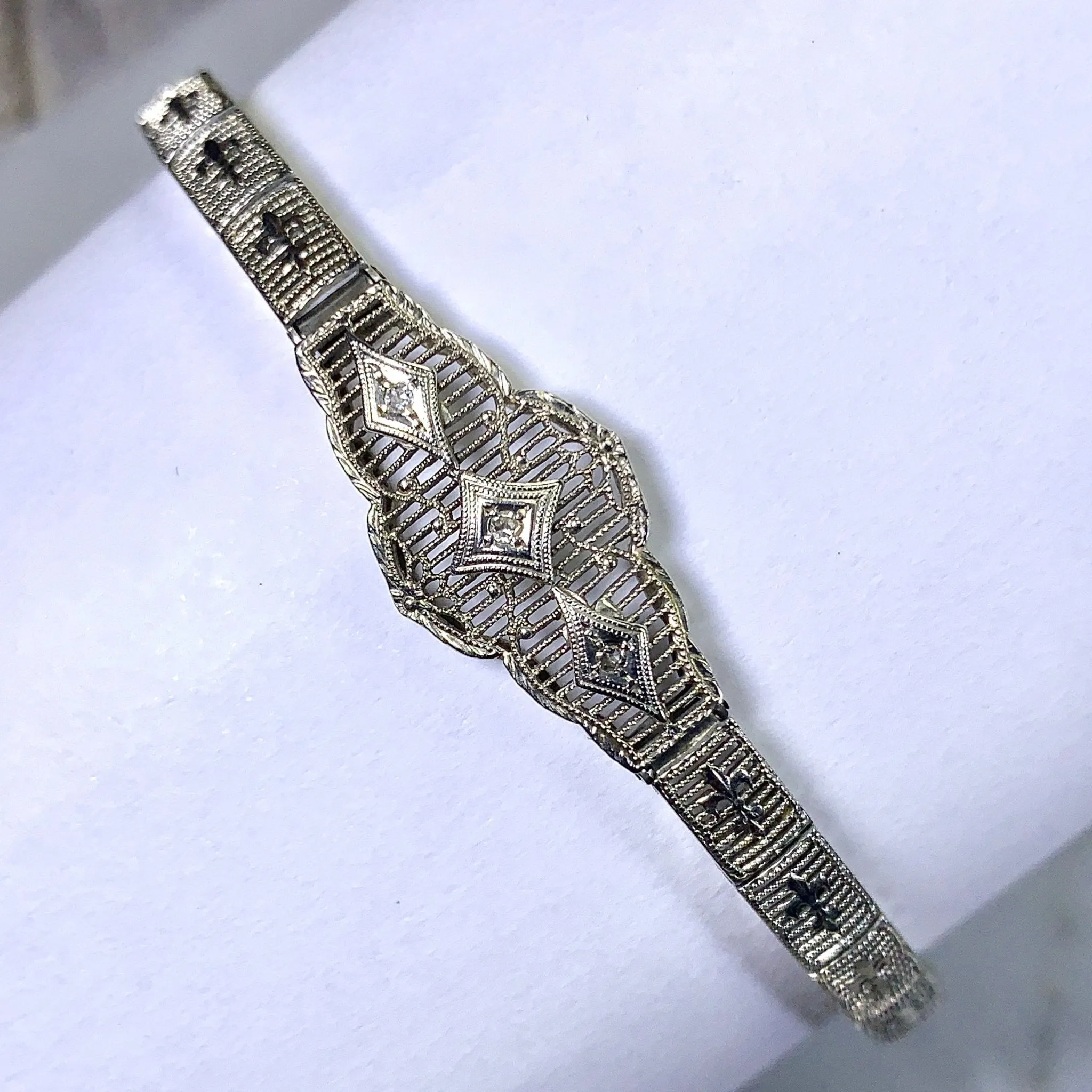 Art Deco Diamond Bracelet. 10K White Gold Filigree Link Bracelet. April Birthstone.