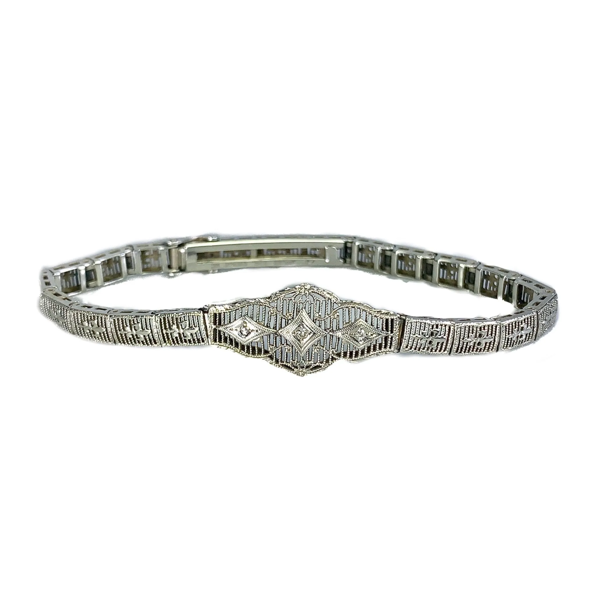 Art Deco Diamond Bracelet. 10K White Gold Filigree Link Bracelet. April Birthstone.