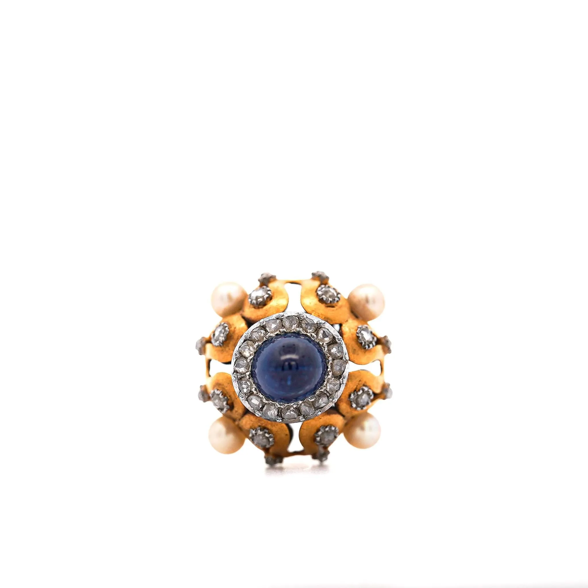 Art Deco Era Cabochon-Cut Blue Sapphire, Pearl, and Diamond HairPin