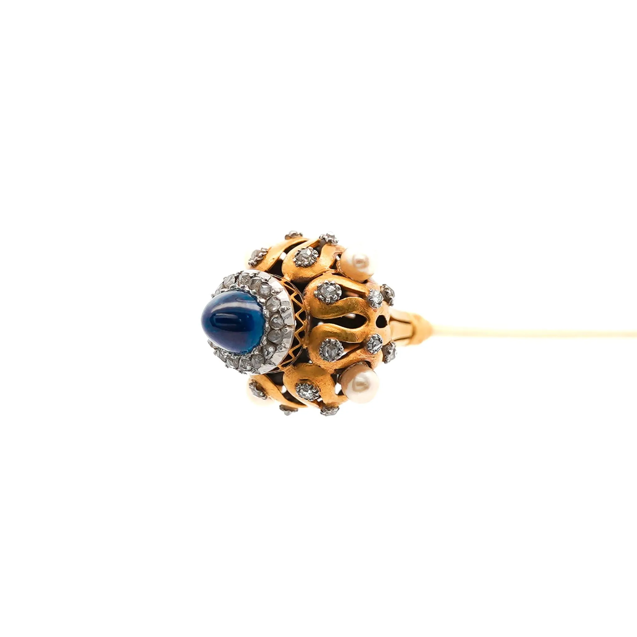 Art Deco Era Cabochon-Cut Blue Sapphire, Pearl, and Diamond HairPin