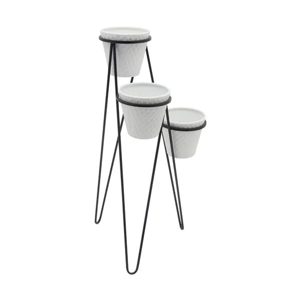 Benzara 3 Tier Design Metal Planter with Angled Hairpin Legs, Black and White