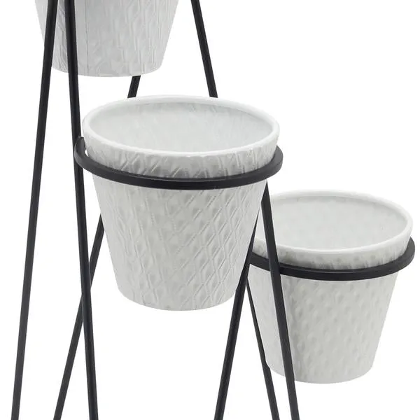 Benzara 3 Tier Design Metal Planter with Angled Hairpin Legs, Black and White