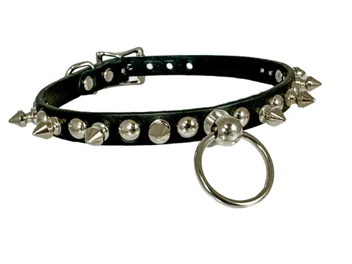 Black Leather Bondage Collar w/ Round Silver Spikes, Studs and O Ring