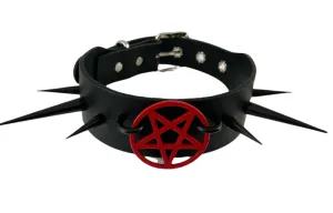 Black Leather Collar w/ Black U Ring, Black Spikes and Red Pentagram