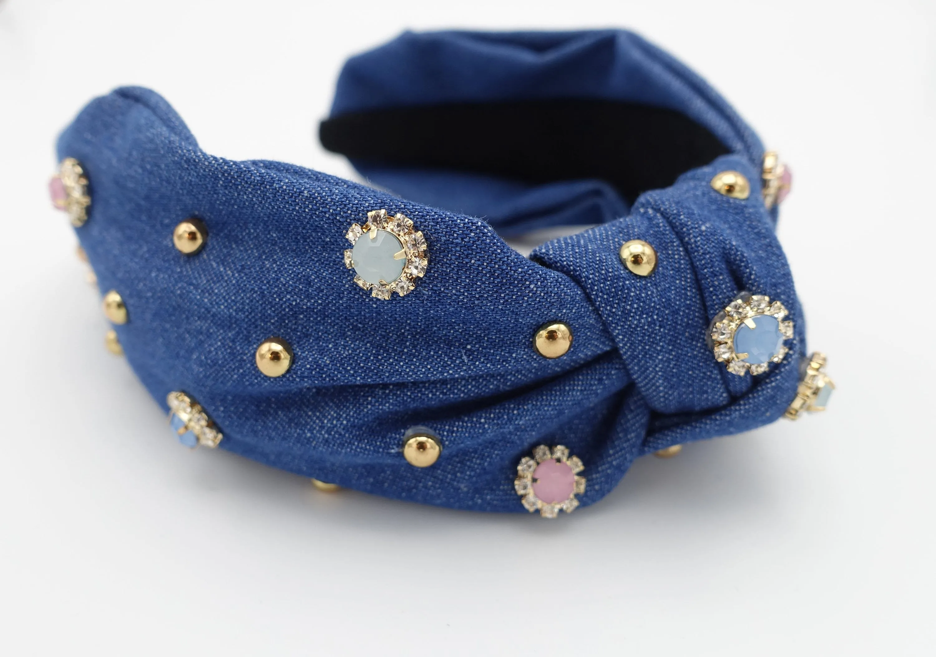 Blue Garden denim embellished headband rhinestone stud decorated knot hairband women hair accessory