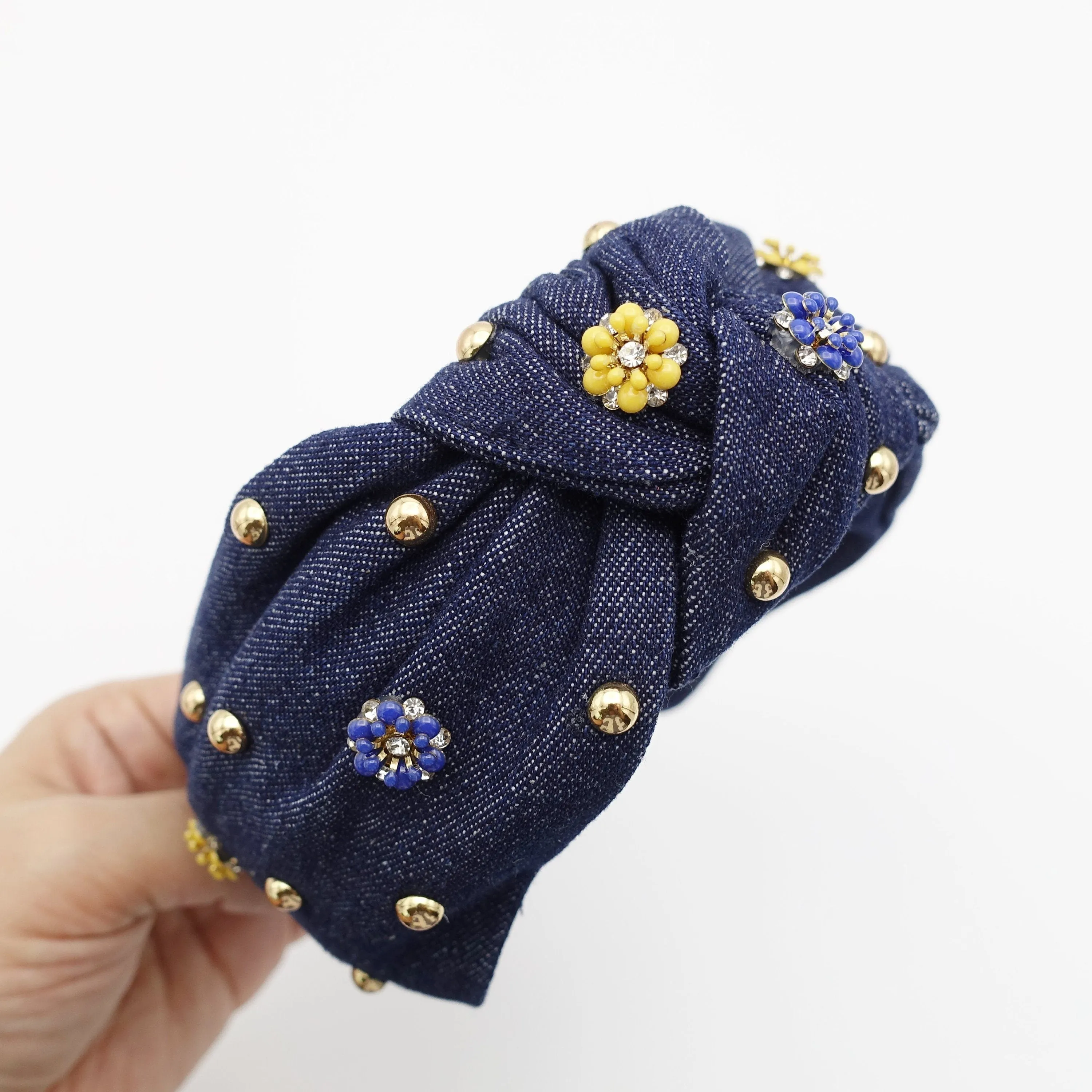 Blue Garden denim embellished headband rhinestone stud decorated knot hairband women hair accessory