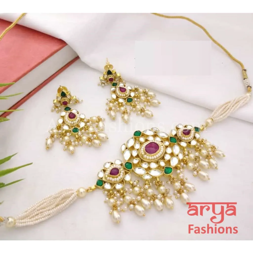 Bridal Pearl Emerald Ruby Pacchi Kundan Choker Necklace with Earrings