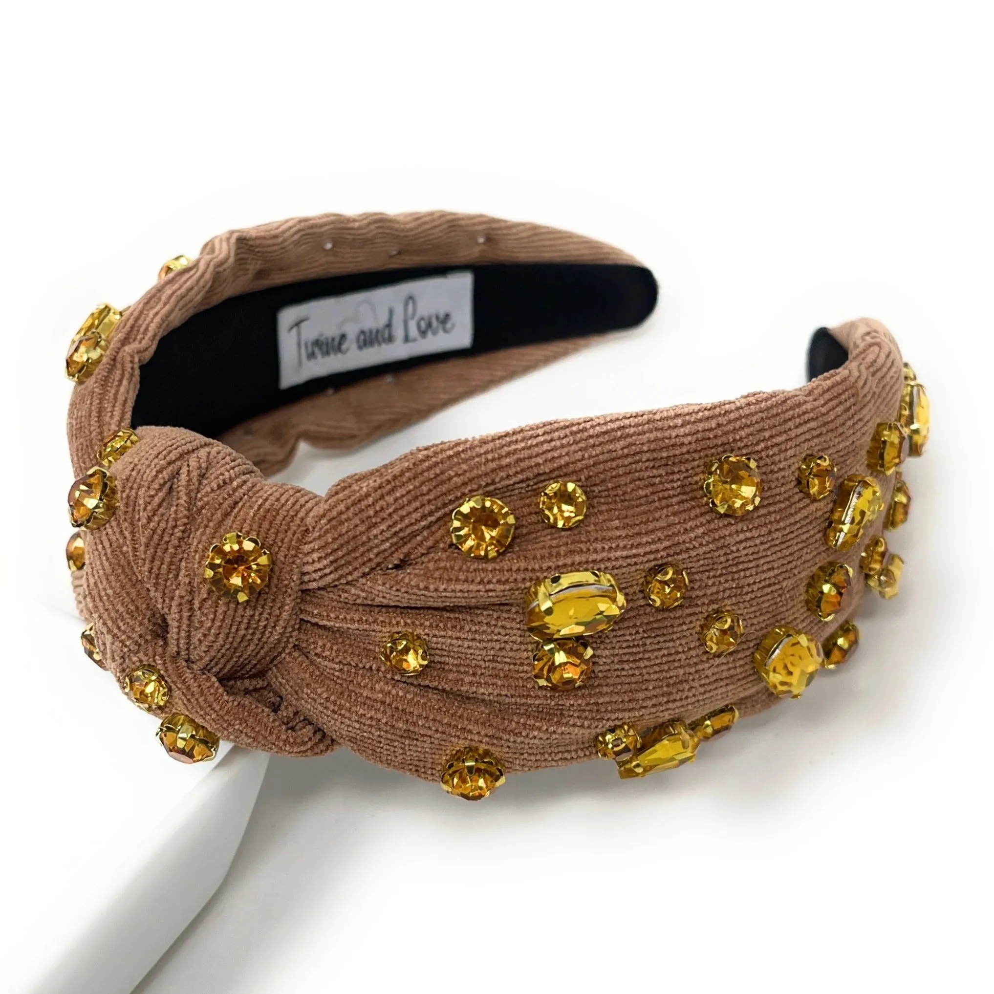 Brown Corduroy Jeweled Knot Headband