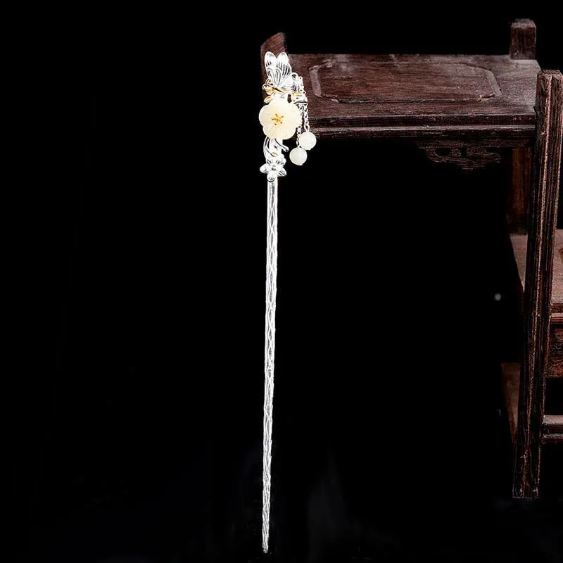 Buddha Stones 925 Sterling Silver Hetian White Jade Flower Blessing Hairpin