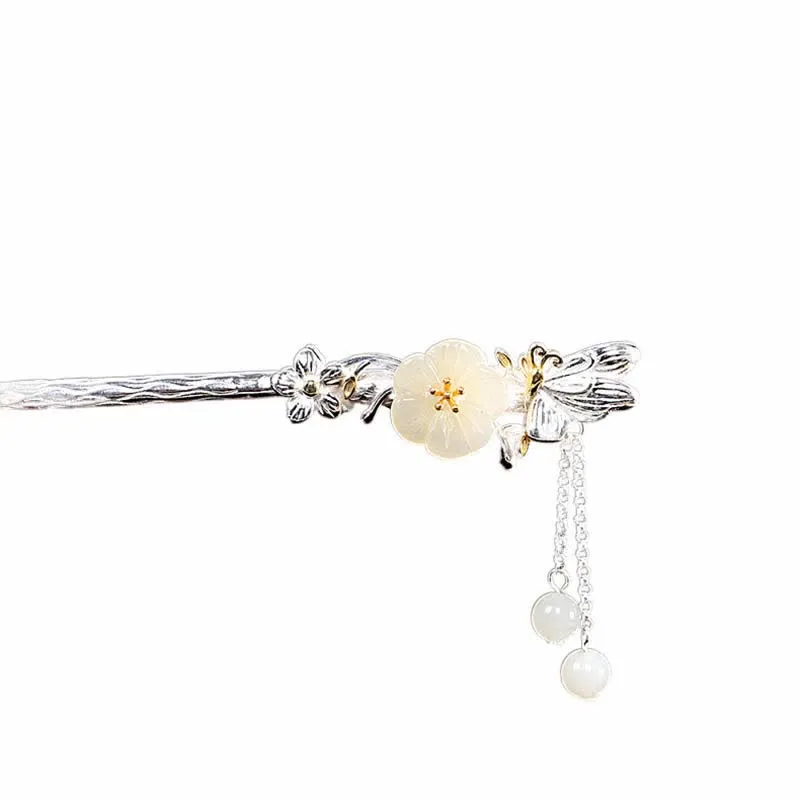 Buddha Stones 925 Sterling Silver Hetian White Jade Flower Blessing Hairpin