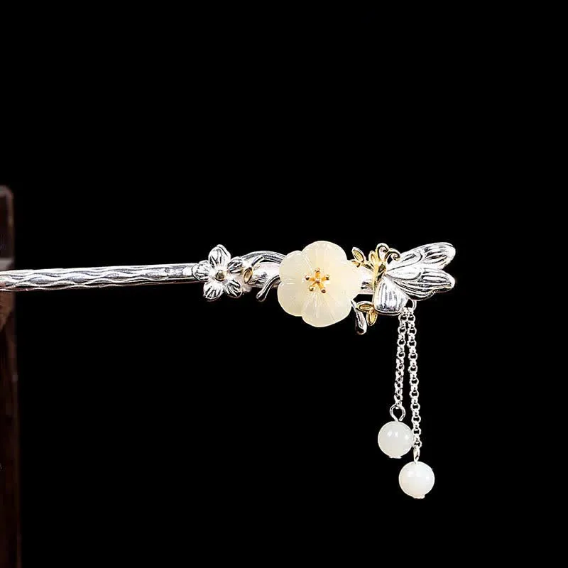 Buddha Stones 925 Sterling Silver Hetian White Jade Flower Blessing Hairpin