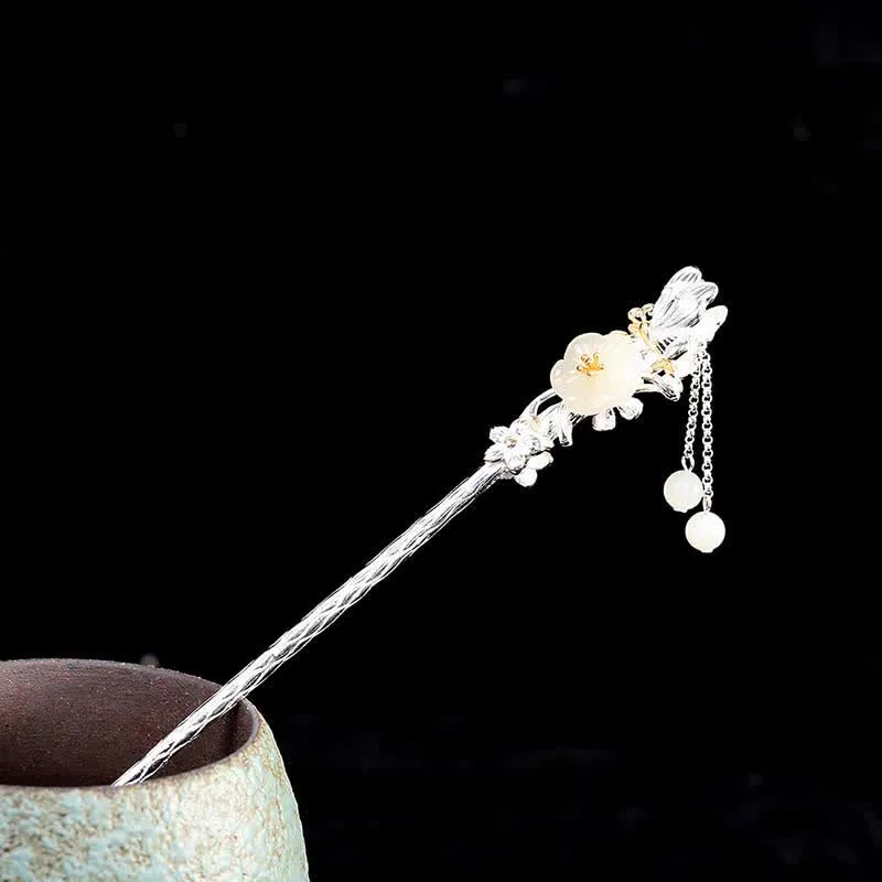 Buddha Stones 925 Sterling Silver Hetian White Jade Flower Blessing Hairpin