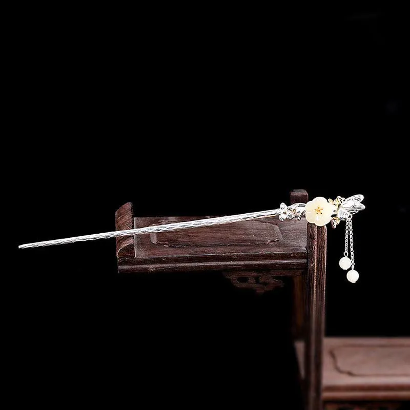 Buddha Stones 925 Sterling Silver Hetian White Jade Flower Blessing Hairpin