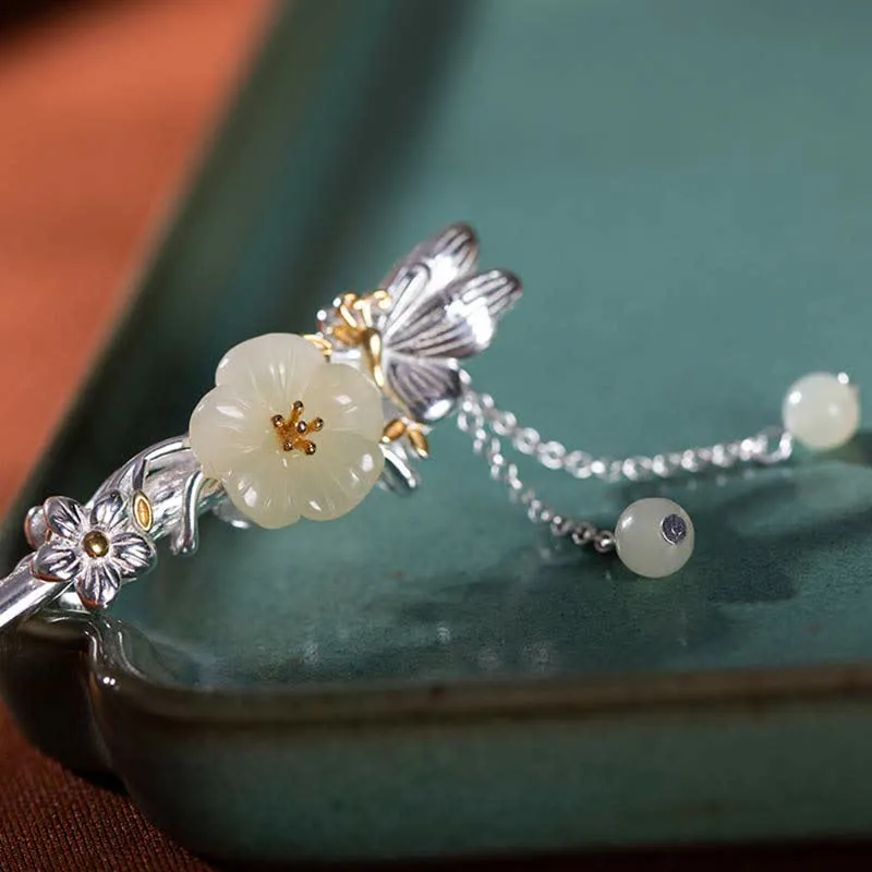 Buddha Stones 925 Sterling Silver Hetian White Jade Flower Blessing Hairpin