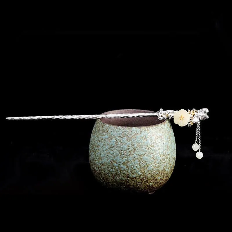 Buddha Stones 925 Sterling Silver Hetian White Jade Flower Blessing Hairpin