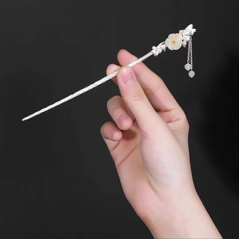 Buddha Stones 925 Sterling Silver Hetian White Jade Flower Blessing Hairpin