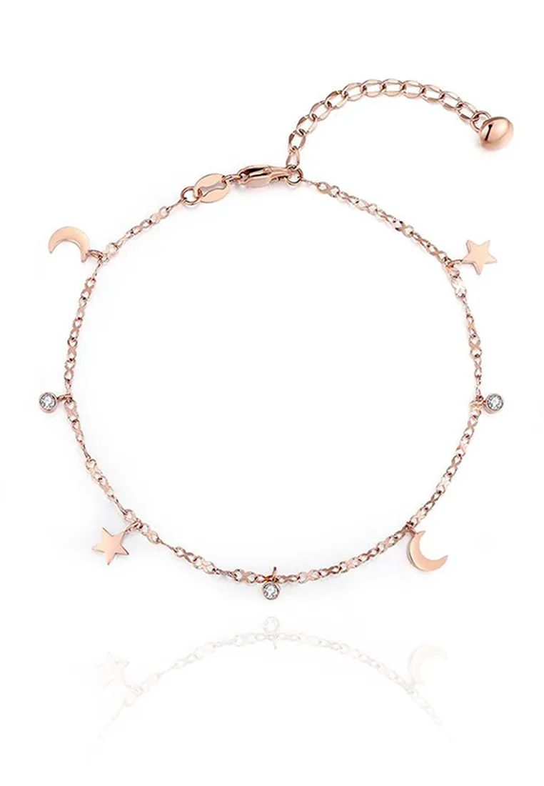 Celestial Moon and Stars with Zirconia Anklet in Rose Gold